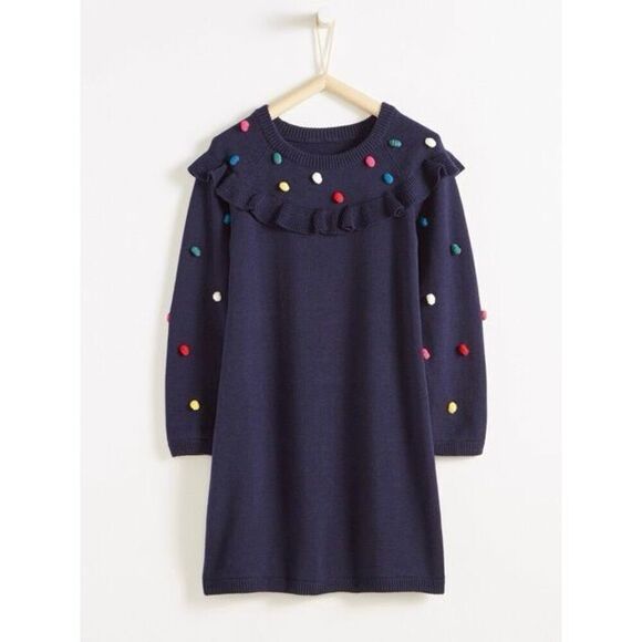 Hanna Andersson Girls 8 (130) Navy Multicolored Pom Pom Cotton Sweater Dress - Picture 1 of 8